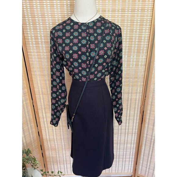 Vintage Navy Floral Button-Up Long Sleeve Blouse - Picture 8 of 9